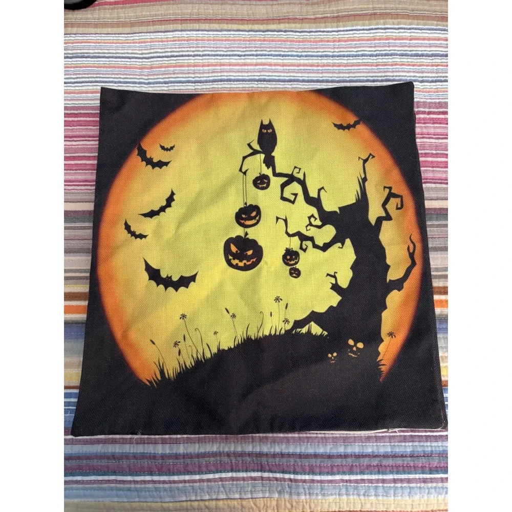 Halloween Throw Pillow Covers Set of 4 Witch Haunted House Owl Bats 18x18